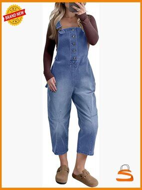 Women's Casual Loose Fit Jean Jumpsuit Overalls Crop Harem Denim Pants